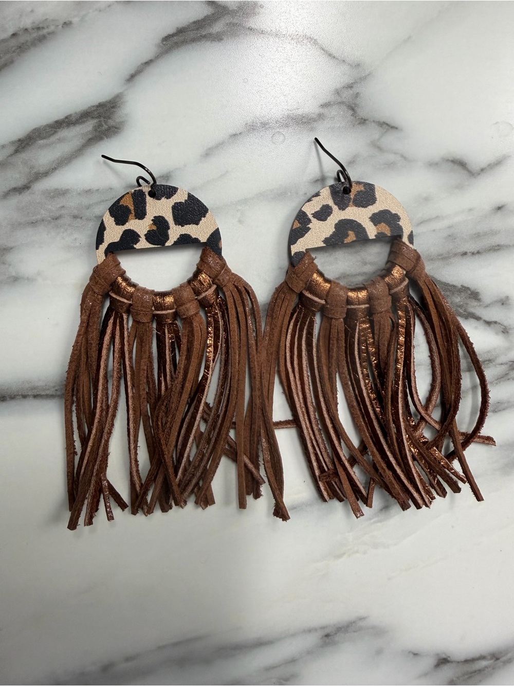 Leopard Print and Brown Fringe Statement Earrings